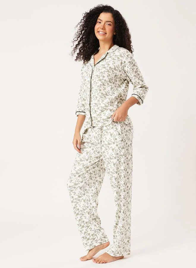 Clovia Floral Button-Down Shirt and Pyjama Set